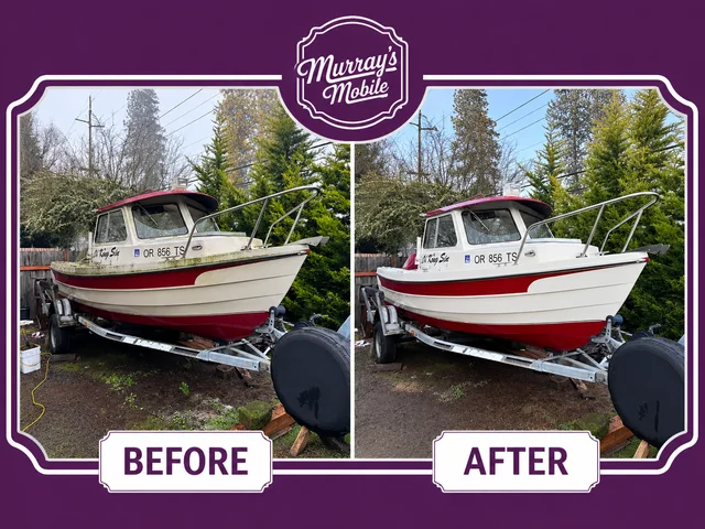 Before-and-after comparison of a boat exterior detail.
