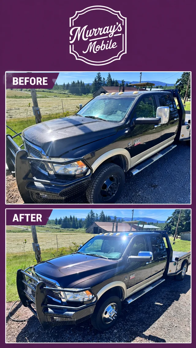 Vertical before-and-after comparison of a dark heavy-duty truck detail.