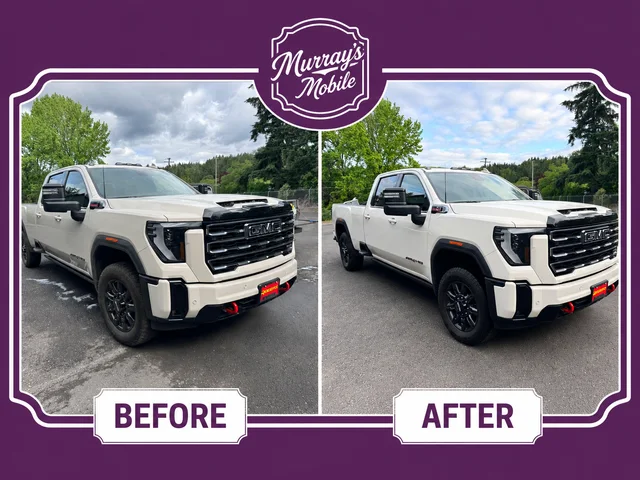 Before-and-after comparison of a white GMC truck exterior detail.