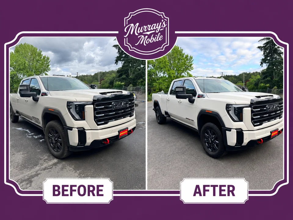 Before-and-after comparison of a white GMC truck exterior detail.
